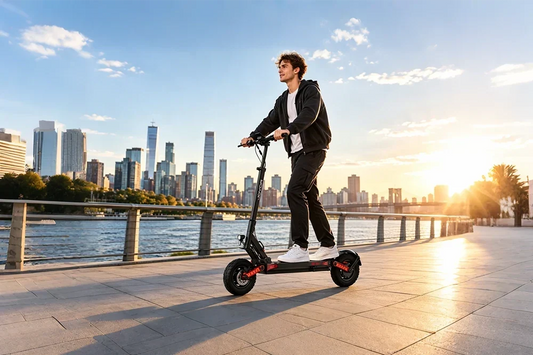 Young man riding JOYOR fat tire electric scooter along waterfront promenade, sunset city skyscraper view, urban electric mobility