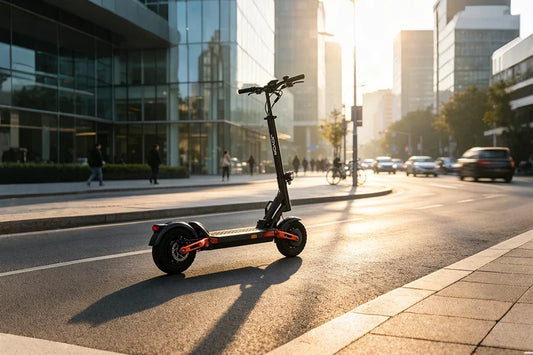 Black JOYOR foldable electric scooter parked on downtown city road, modern glass office buildings, warm sunset light, urban commute e-scooter