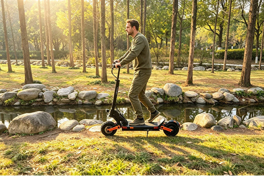 Male rider riding joyor off-road electric scooter with orange suspension parts, woodland park stream scenery, golden hour outdoor lifestyle shot