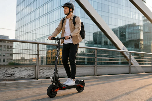 Male commuter with backpack riding JOYOR foldable electric scooter across modern city pedestrian bridge, urban personal transport