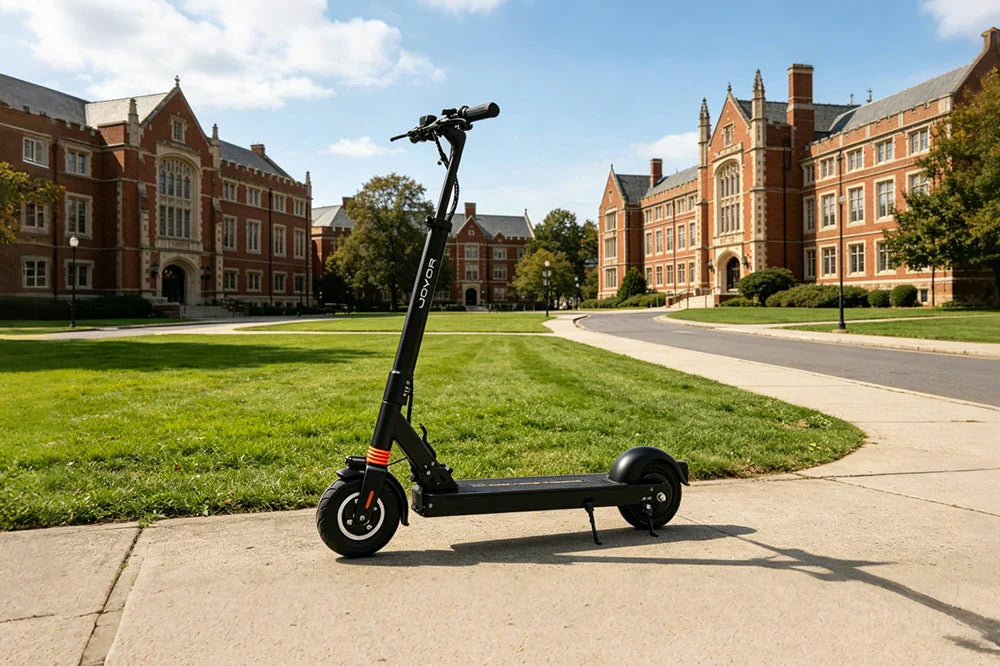 Compact JOYOR electric scooter with minimalist design in historic campus environment
