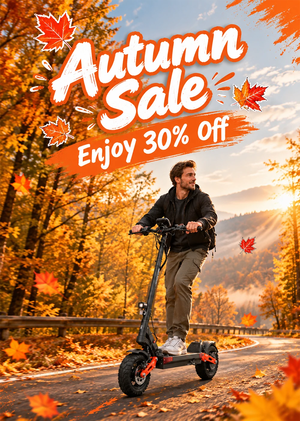 Vertical Autumn Sale promotional poster, man with backpack riding rugged electric scooter on autumn mountain road, sunset glow and falling maple leaves decoration, seasonal 30% discount for e-scooters
