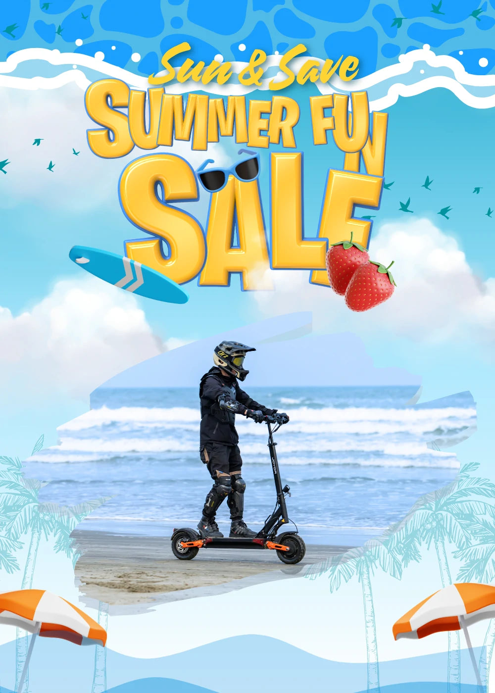 Joyor T10 dual motor scooter summer sale poster, beachside commuting
