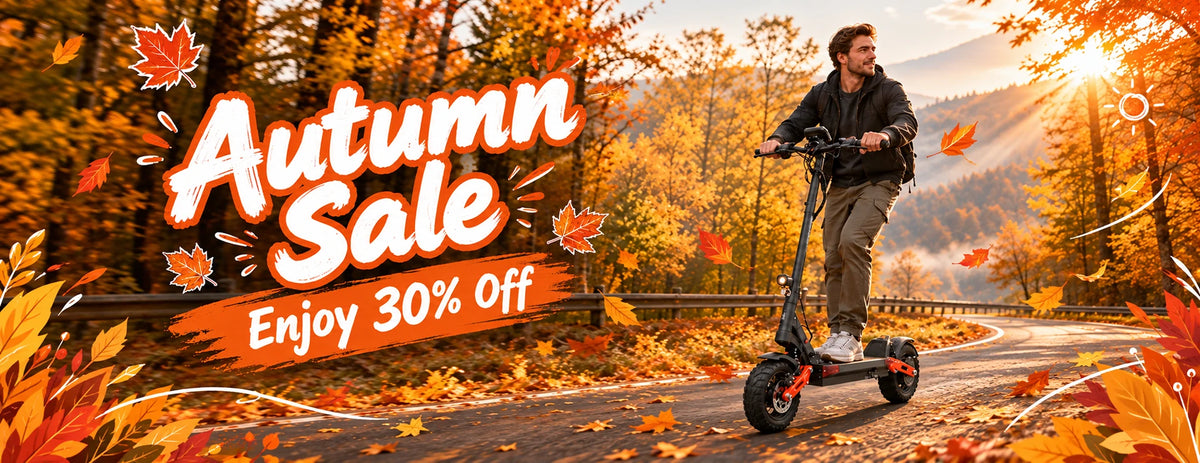 Autumn Sale website banner, male rider on black off-road electric scooter riding along winding fall mountain highway, golden forest sunset and floating maple leaves, enjoy 30% off electric scooter discount campaign