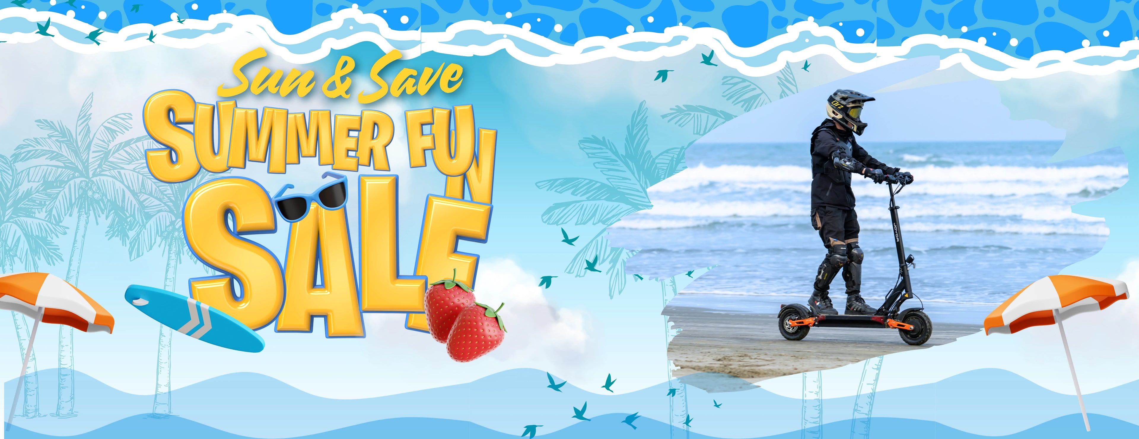Joyor T10 high-performance electric scooter summer promotion poster with tropical beach background